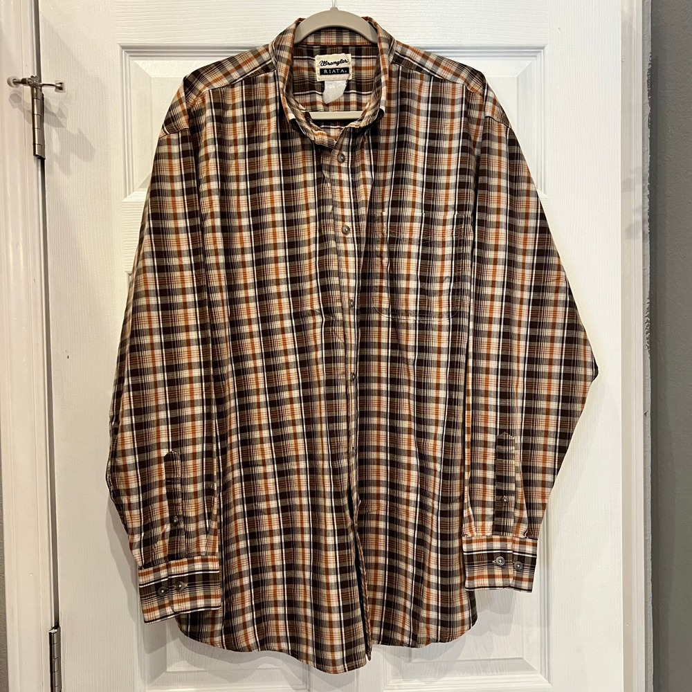 Wrangler Riata Shirt Brown Orange Plaid Cotton Blend Western Americana Large